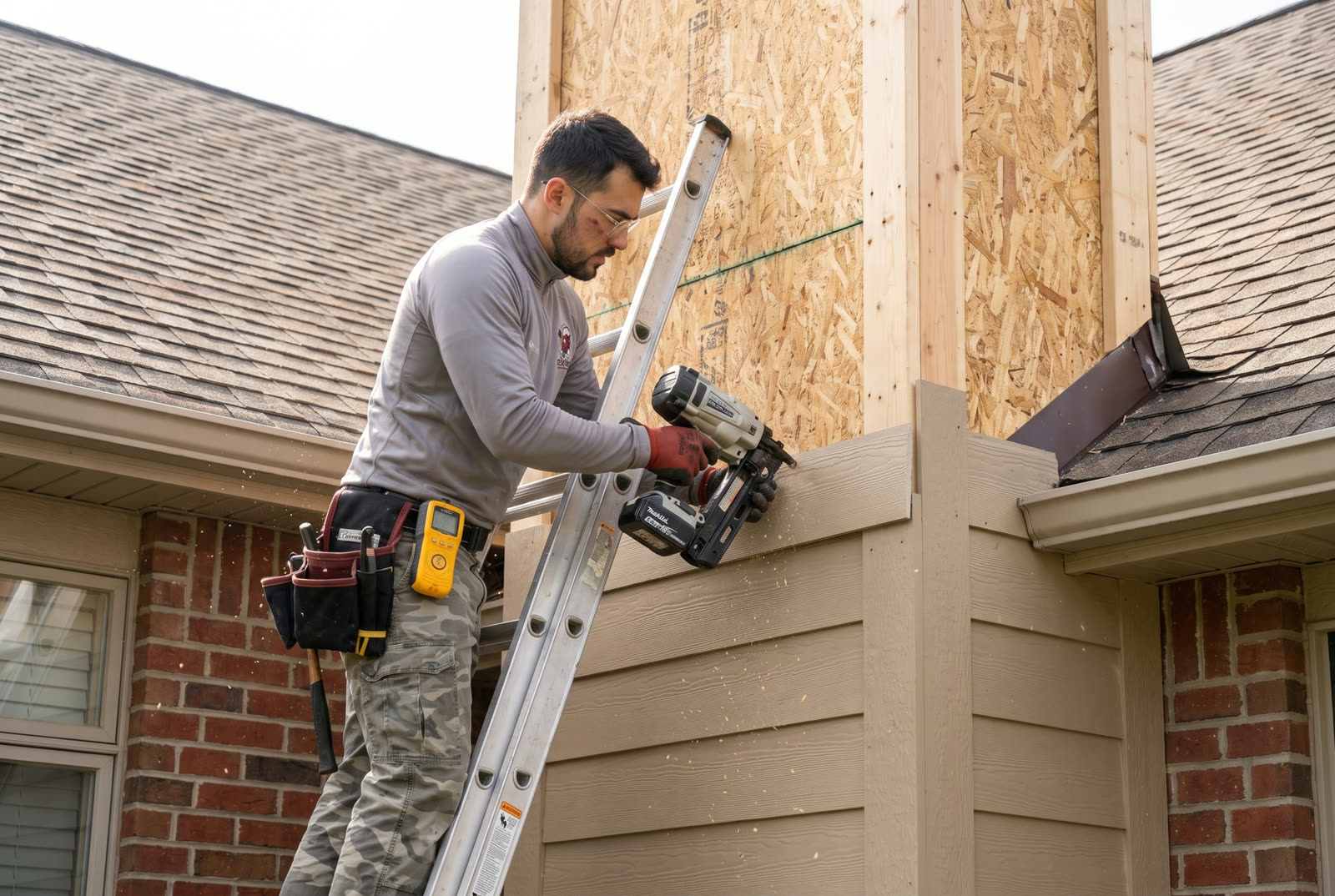 Doctor Chimney Sweep technician installing new siding on a prefab chimney chase