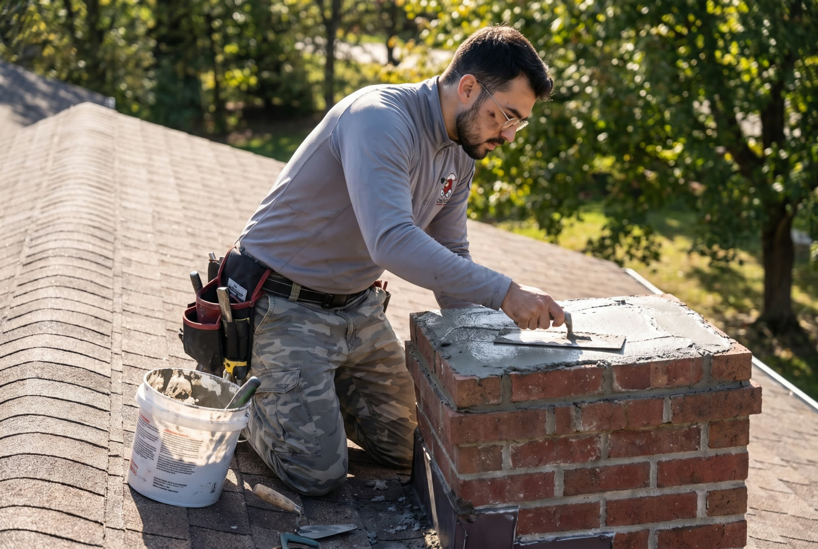 Doctor Chimney Sweep technician pouring a fresh chimney crown