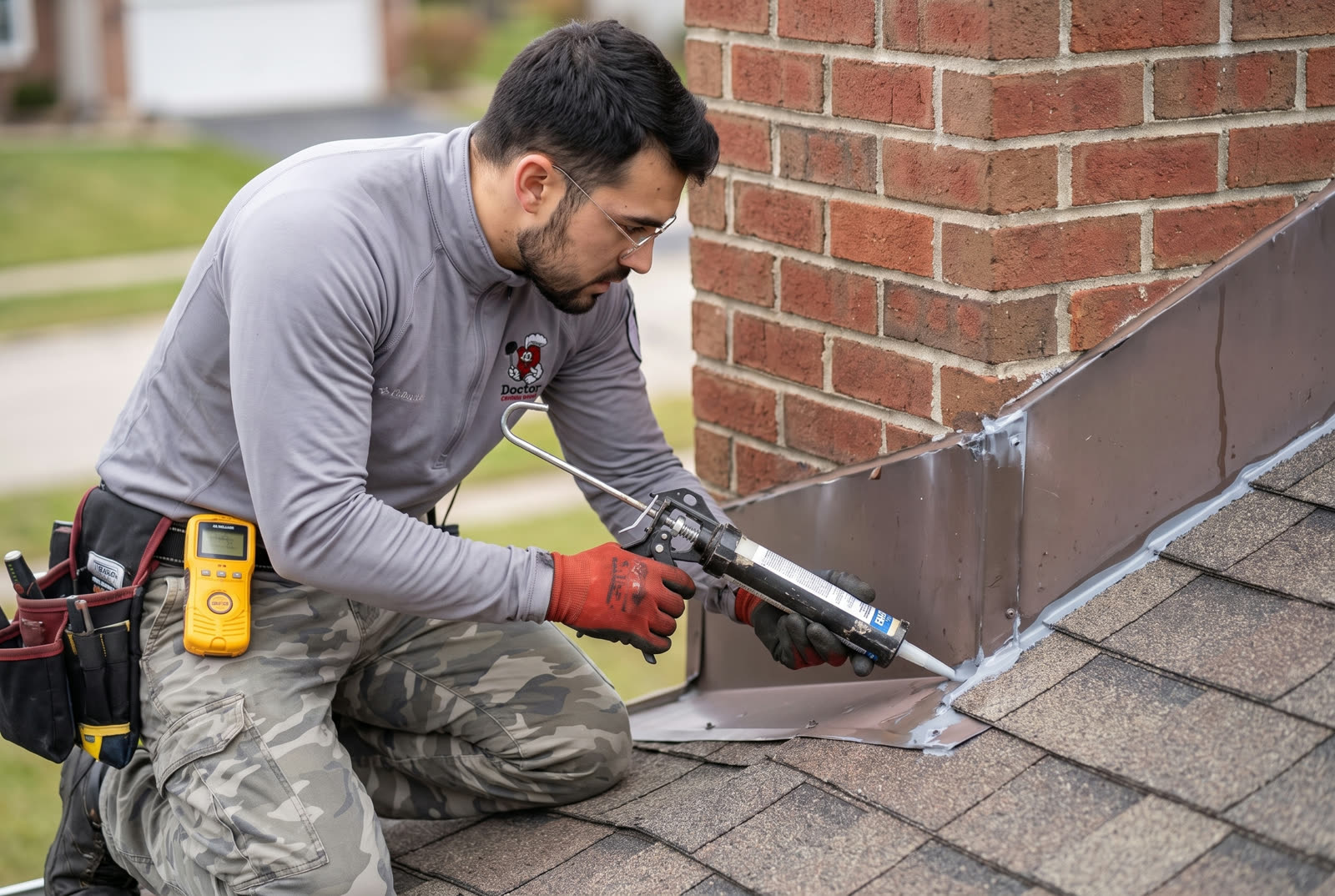 Doctor Chimney Sweep technician sealing chimney flashing