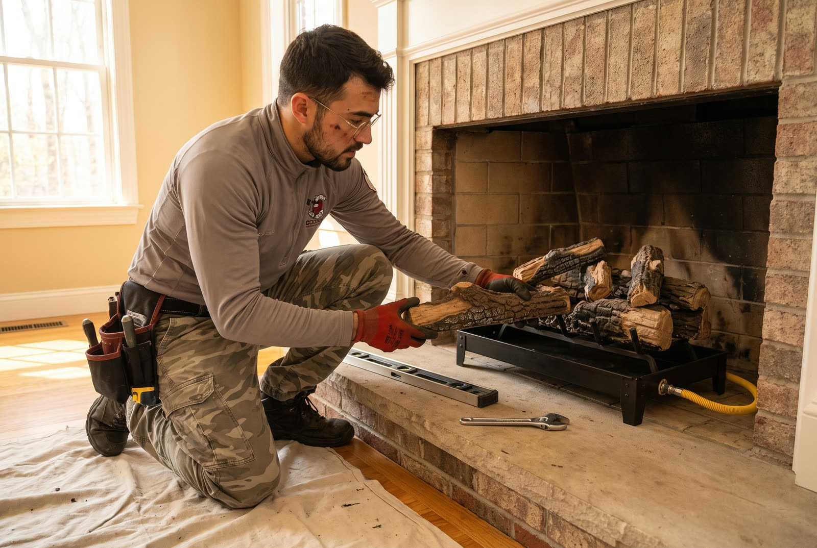 Doctor Chimney Sweep technician arranging a ceramic gas log set in a fireplace