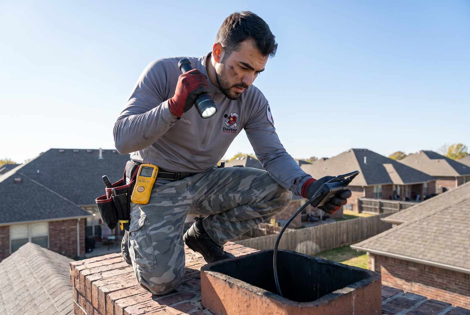 Doctor Chimney Sweep technician on a roof during a chimney inspection