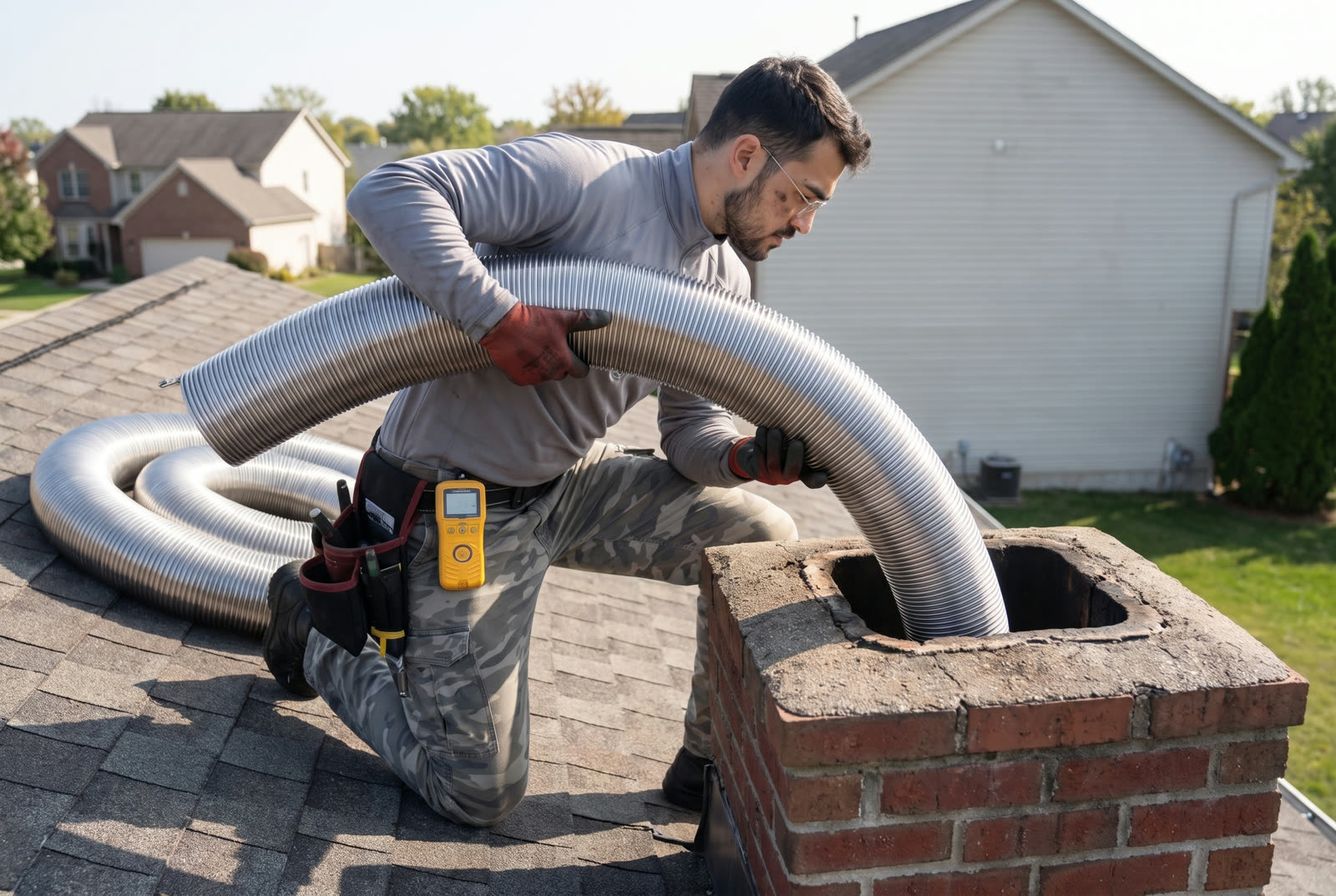 Doctor Chimney Sweep technician feeding a stainless liner down a flue
