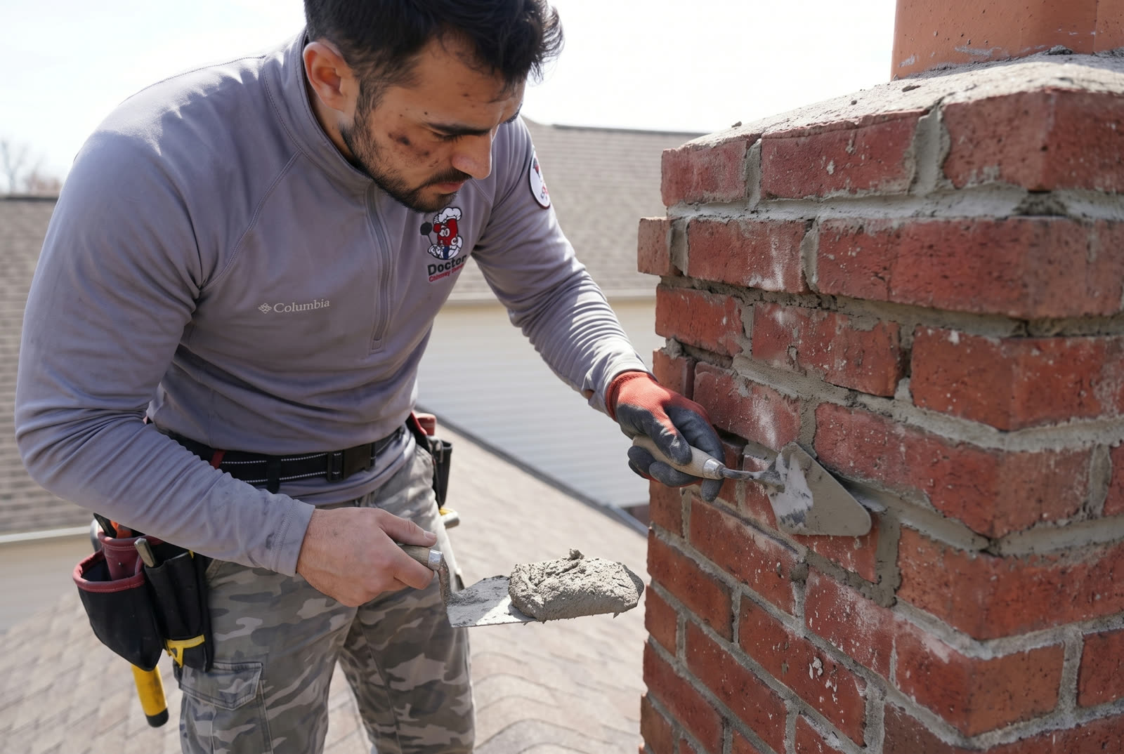 Doctor Chimney Sweep technician repointing chimney mortar joints