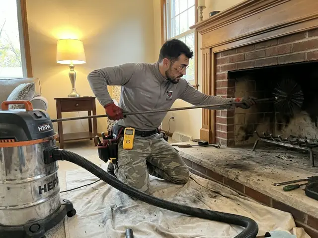 Doctor Chimney Sweep technician sweeping a fireplace flue with HEPA vacuum